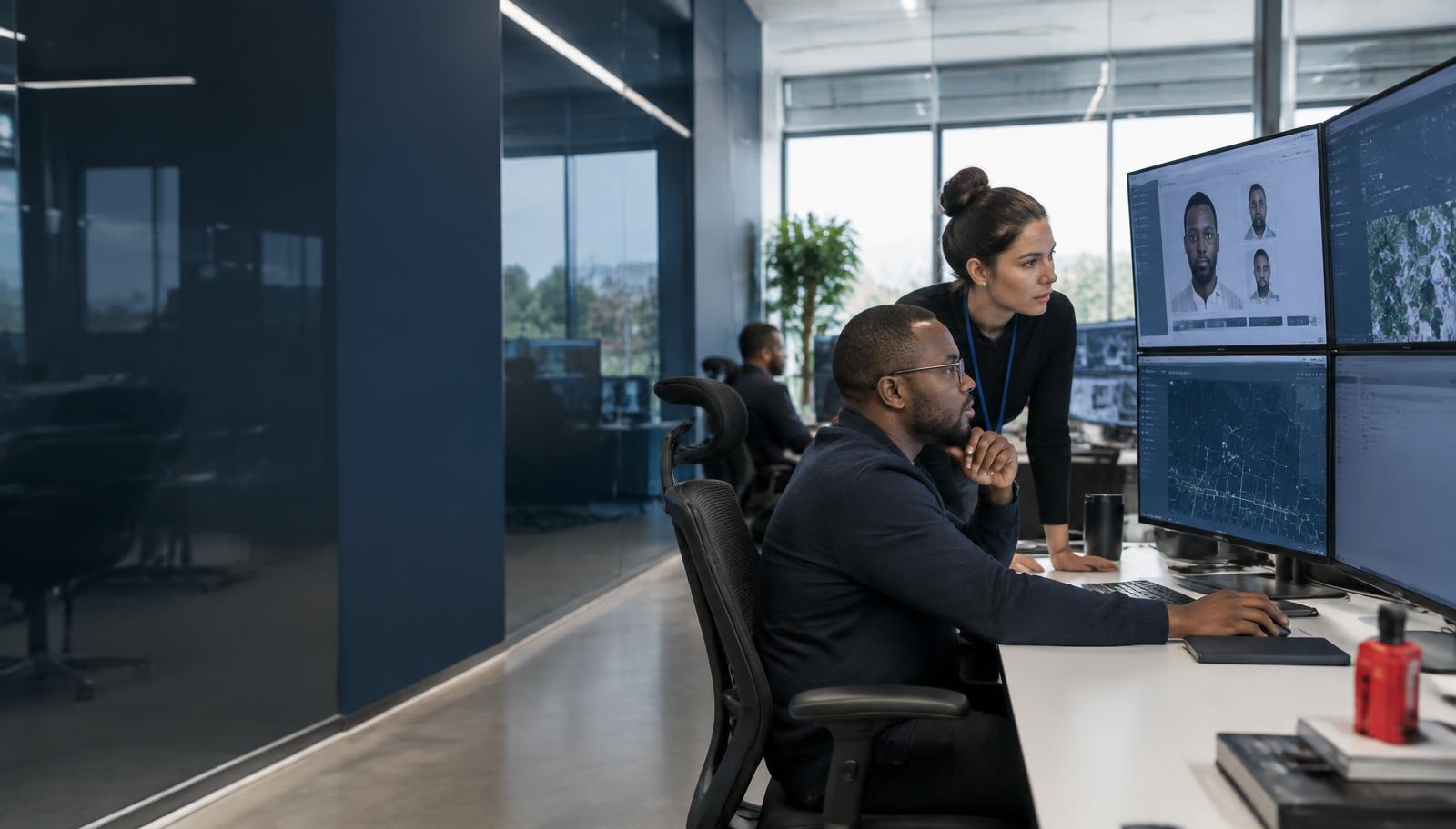Engineers reviewing identity verification and digital infrastructure interfaces